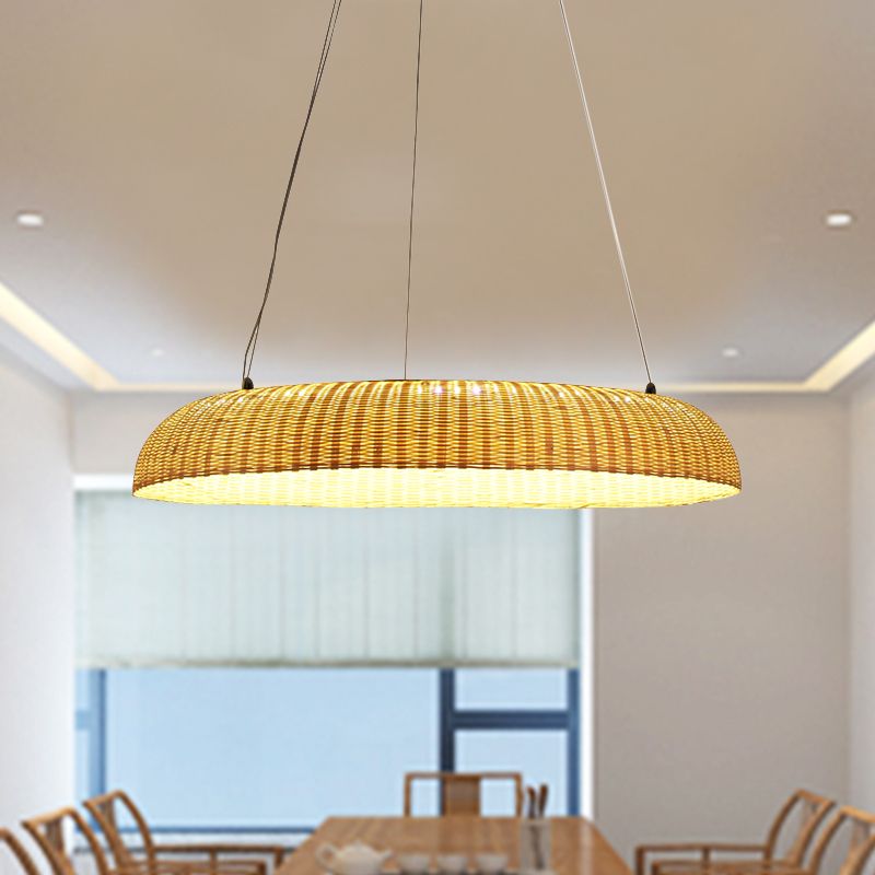 Bamboo Handwoven Pendant Lamp Chinese LED Hanging Light Fixture in Beige for Dining Room