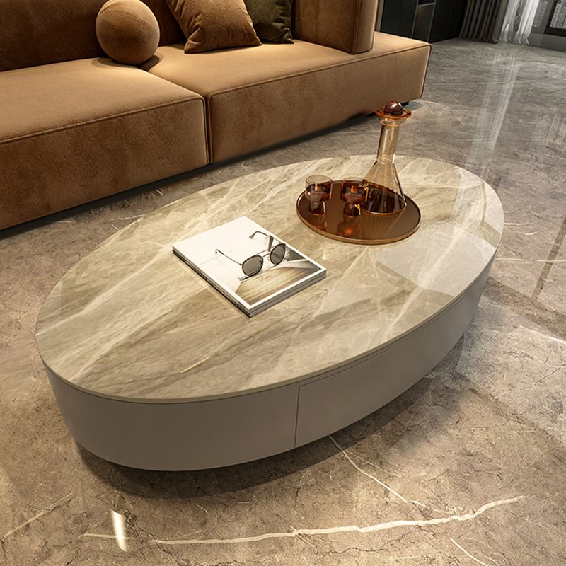 Oval Stone Coffee Table 1 Single Cocktail Table with 1 Storage Drawer