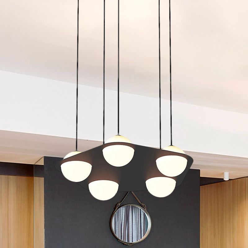 Black Pentagon Multi Pendant Minimalist 5-Head Metallic Ceiling Suspension Light with Ball Opal Glass Shade