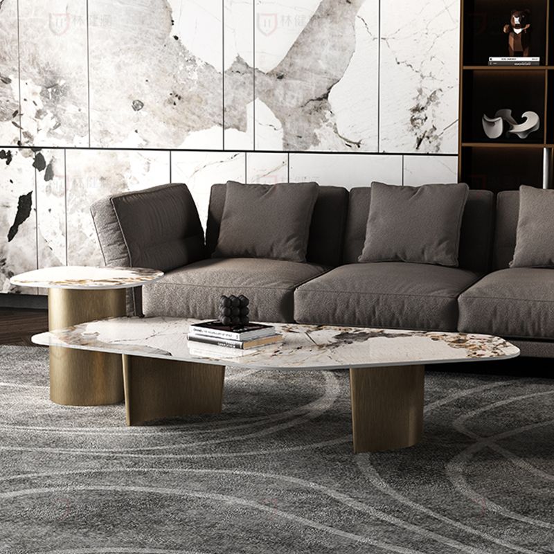 14.9"H Modern Style Sled Metal Base Round Slate Coffee Table for Living Room