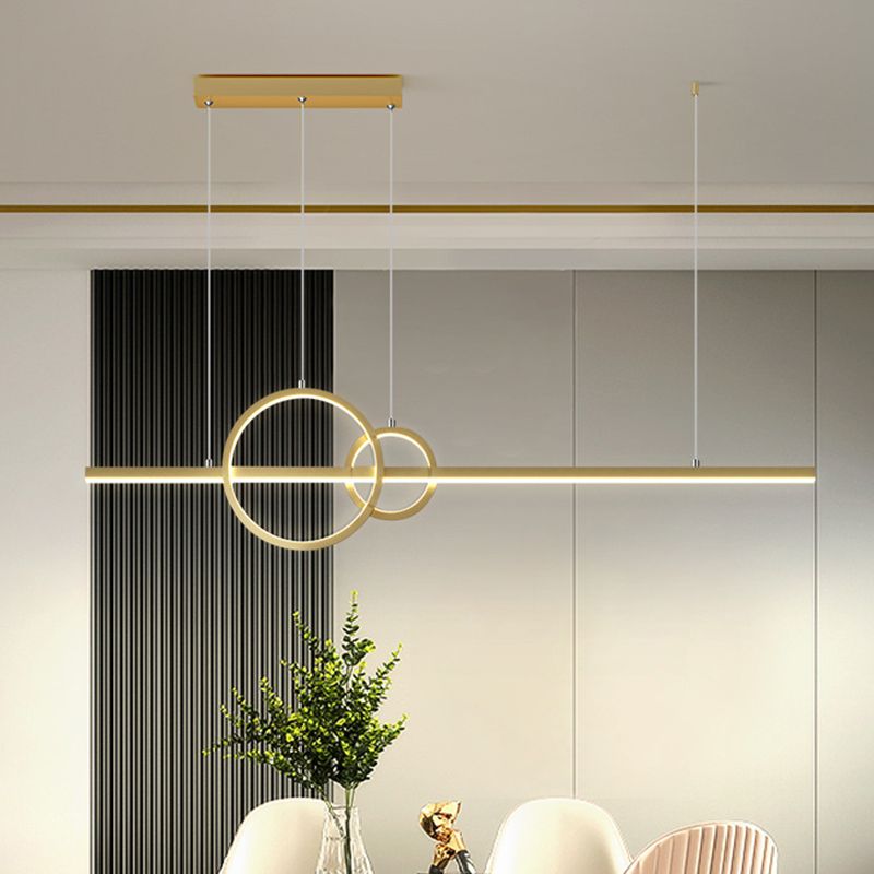 LED Restaurant Island Pendant Modern Black/Gold Island Lamp with Circle and Linear Metallic Shade in Warm/White Light