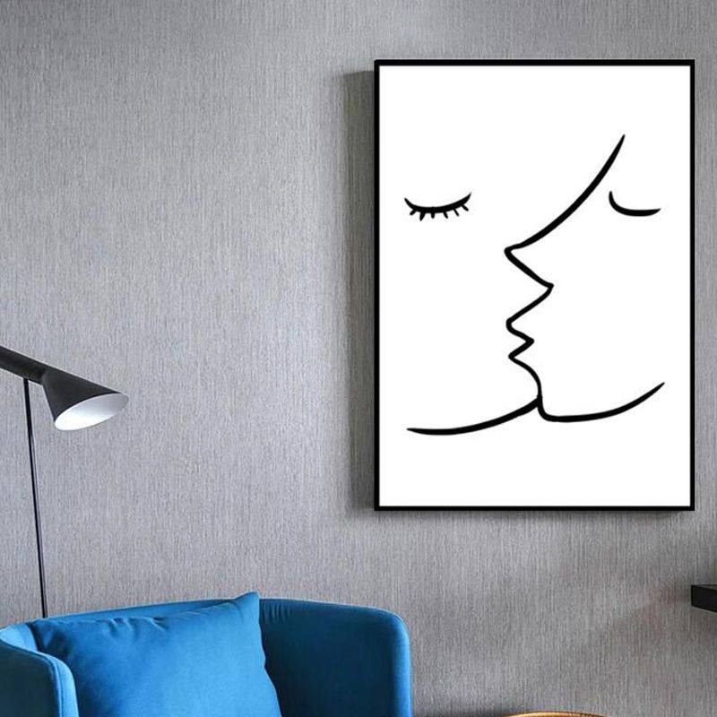 Textured Two Kissing Characters Painting Scandinavian Style Canvas Wall Art Print