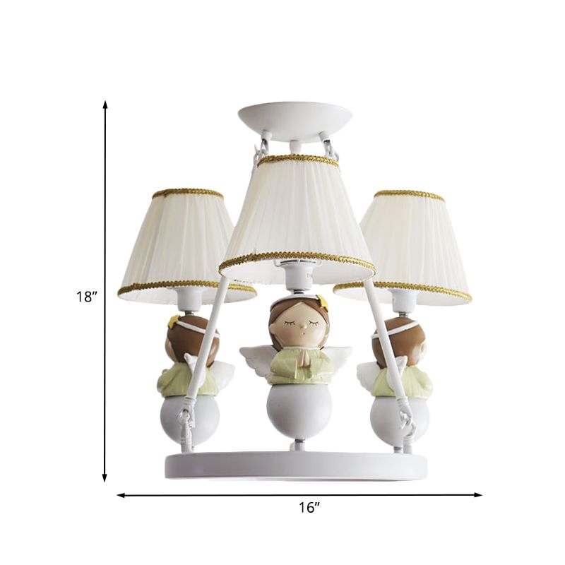 Tapered Suspension Lamp Cartoon Fabric 3 Bulbs Kids Bedroom Chandelier Light in White with Angel Design