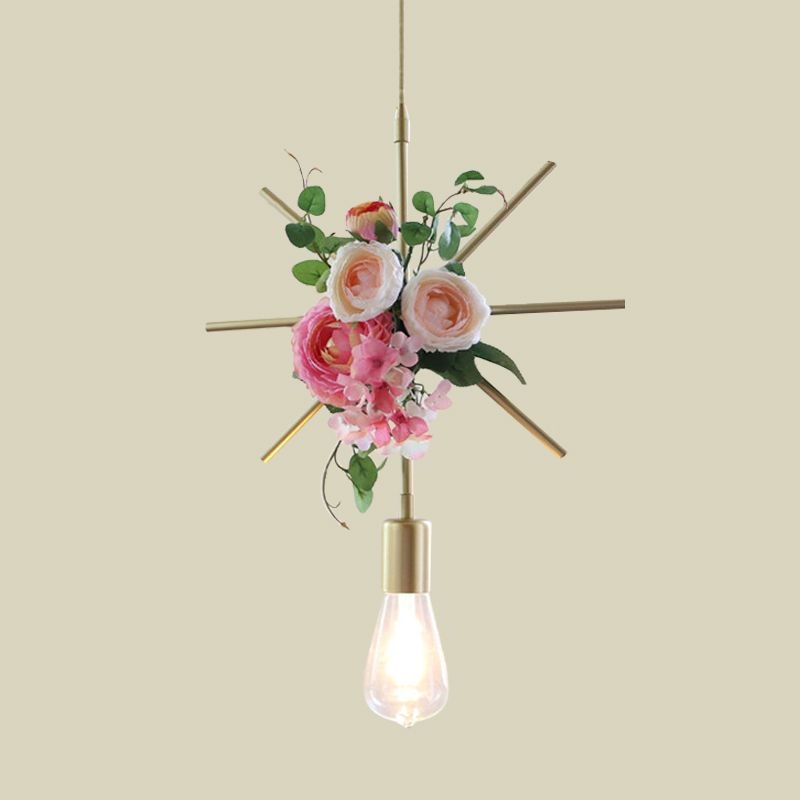 Metal Gold Ceiling Pendant Artificial Flower 1 Head Industrial Hanging Light Fixture with Triangle/Square/Linear Frame