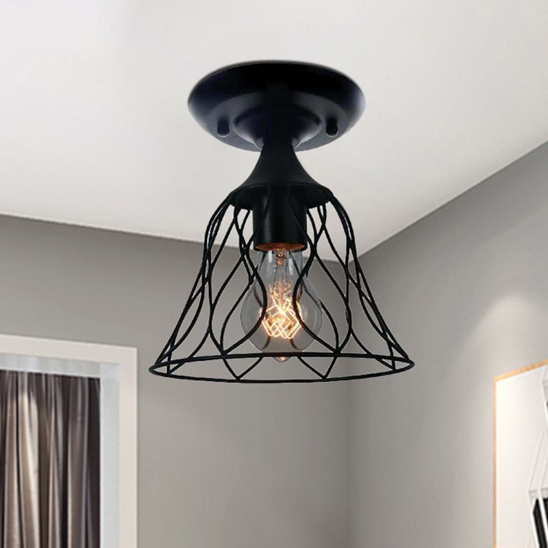 1 Bulb Ceiling Lighting Antique Bell Cage Shade Metallic Semi Flush Pendant Light in Black for Bedroom