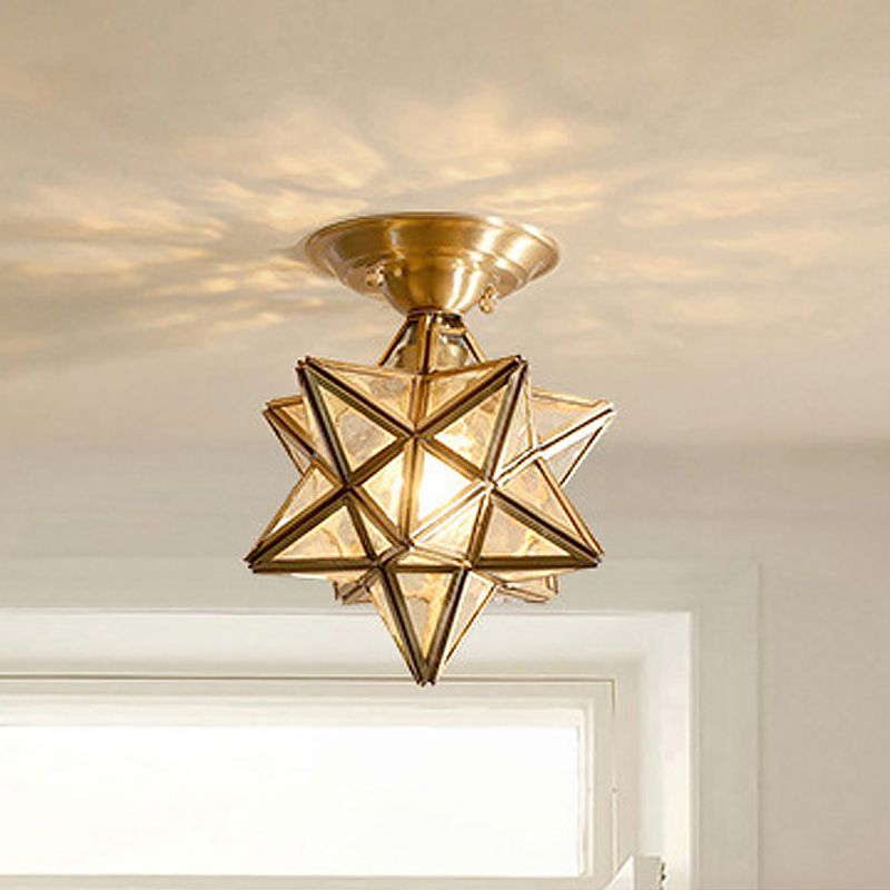 Plafonnier de chambre à coucher diamant/étoile encastré traditionnel en verre transparent à 1 lumière en laiton