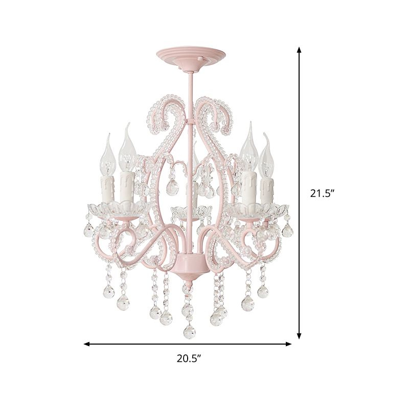 Prendeuse de lustre géométrique Lumière avec un accent de perle en cristal Macaron 5 lumières Plafond Pendre Lumière en rose