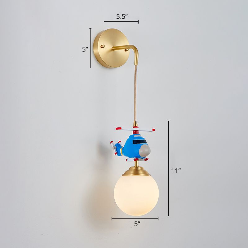 Milk Glass Ball Wall Hanging Light Postmodern 1-Bulb Gold Wall Lamp with Helicopter Deco