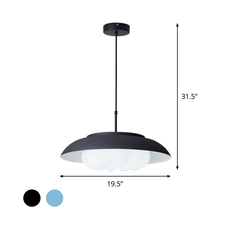 Macaron Wide Bowl Pendant Light Iron Dining Table Suspension Lamp in Black/Blue with Inner Round Shade