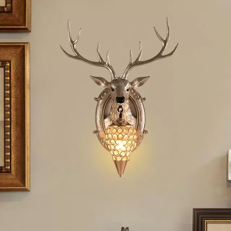 16 "/18,5" avec la lampe d'applications de gouttelette rustique 1 Bulbe Crystal Mur moulé en argent / blanc / bois avec plaque arrière en résine de cerf
