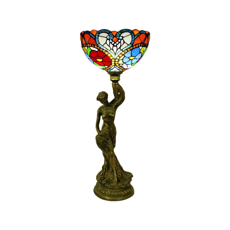 Bowl Table Lighting 1 Head Stained Glass Baroque Petal/Dragonfly Patterned Night Lamp in Brass with Resin Naked Woman Base