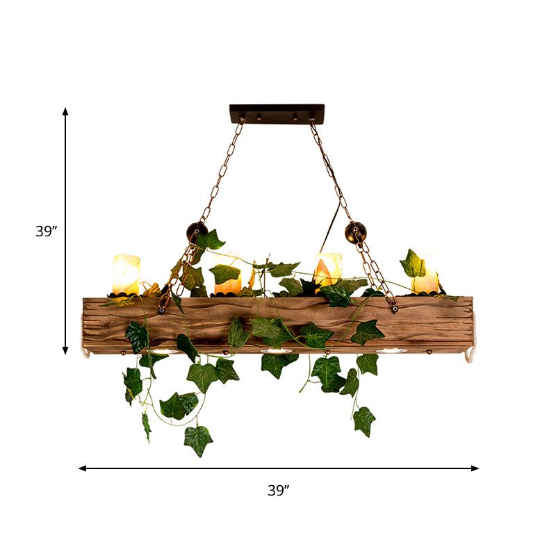 Wooden Linear Island Chandelier Light Farmhouse Style 4 Heads Brown Ceiling Light with Cylinder Shade