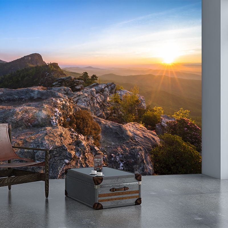 Custom Photo Print Modern Mural with Sunrise View from Rock Peak Pattern in Brown