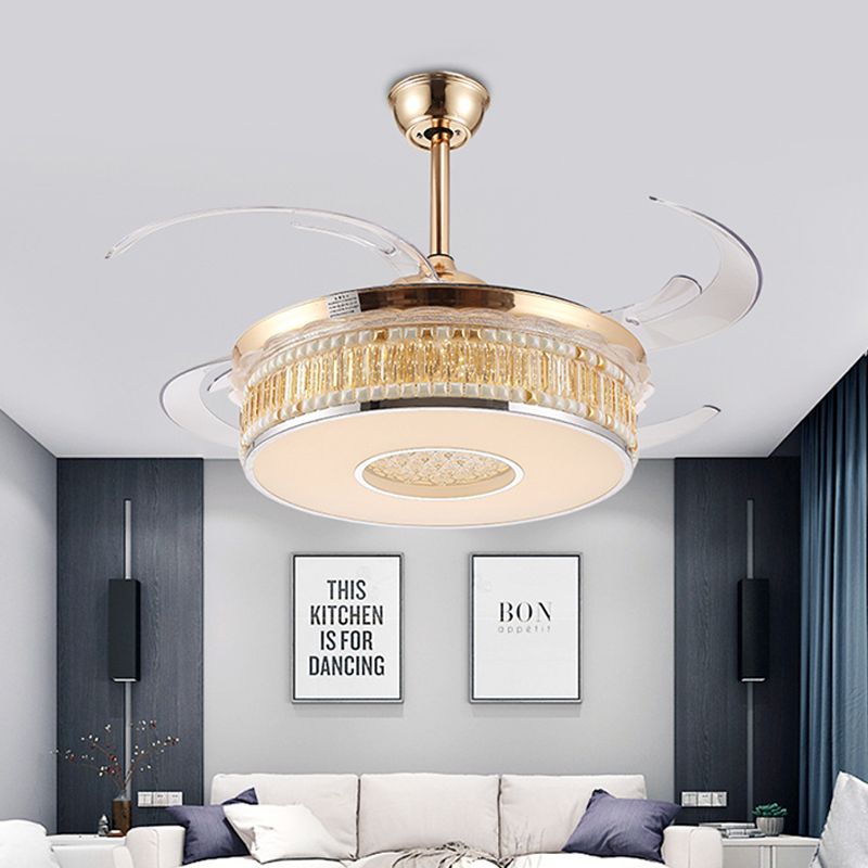 Gold Circular Hanging Fan Lighting Metal LED Bedroom Semi Flush Mount Ceiling Light with 4 Clear Blades, 42" Width