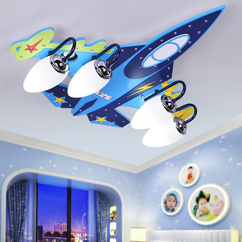 Blue Fighter Plane Flushmount Cartoon 4-Bulb Wooden Flush Mount Ceiling Light with Cream Glass Shade