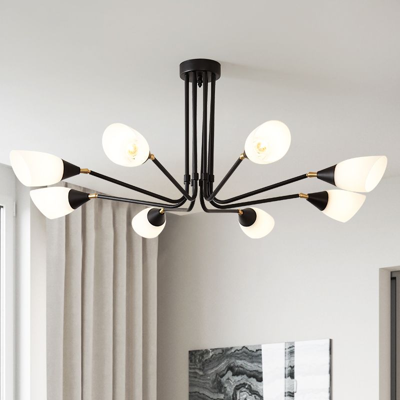 Modernism 4/6/8 Bulbs Ceiling Chandelier Black Flared Hanging Pendant Light with Milky Glass Shade