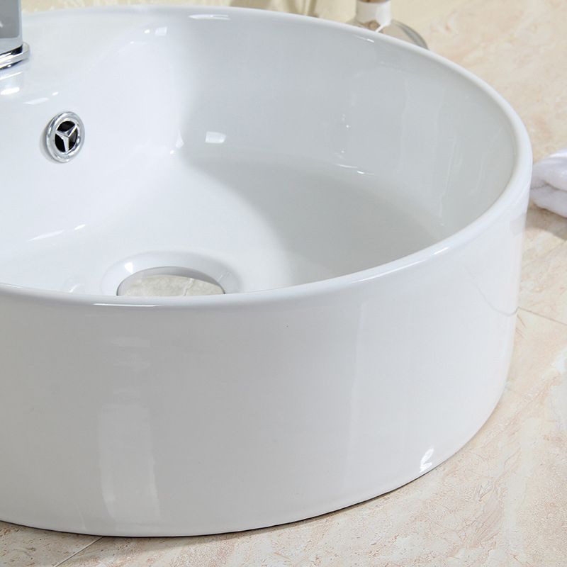 Modern Bathroom Sink Porcelain Round with Overflow and Pop-Up Drain Vessel Lavatory Sink