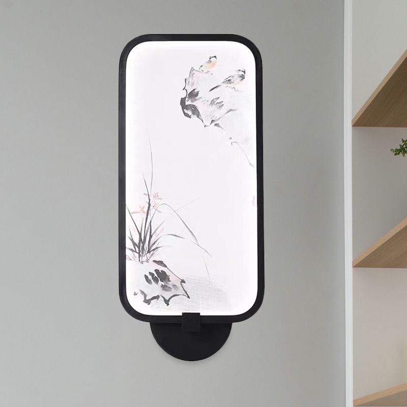 Acrylic Rectangle Wall Mural Light Chinese Style LED Black Wall Mounted Lamp with Bird Pattern