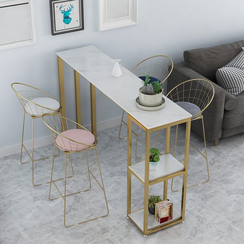 White Stone Top Pub Table with Storage Glam Bistro Table for Living Room
