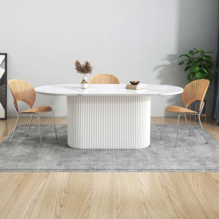 Sintered Stone and Wood Dining Table Simple Style Single Pedestal Base Table