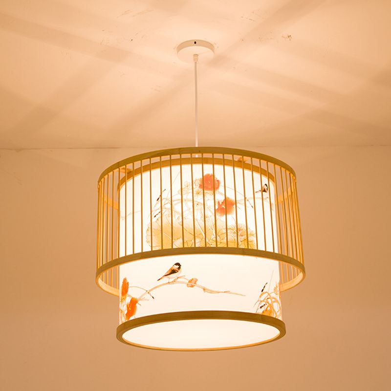 1 Light Cylindrical Hanging Light Fixtures Chinese Bamboo Hanging Pendant Lights for Restaurant