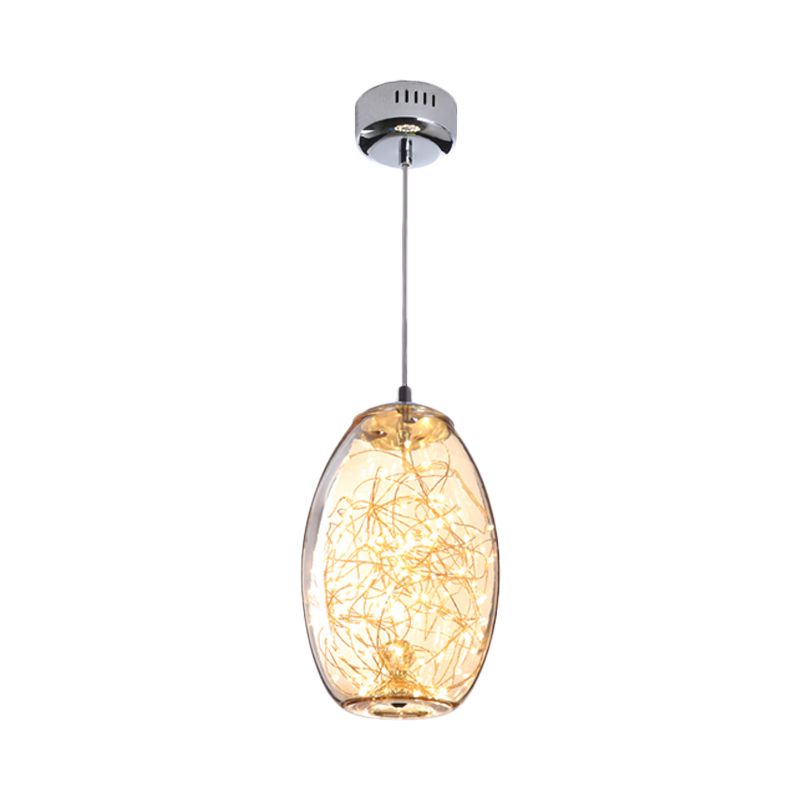 Modern LED Pendant Light with Amber/Smoke Grey Glass Globe/Cylinder/Oval Hanging Light Kit for Living Room