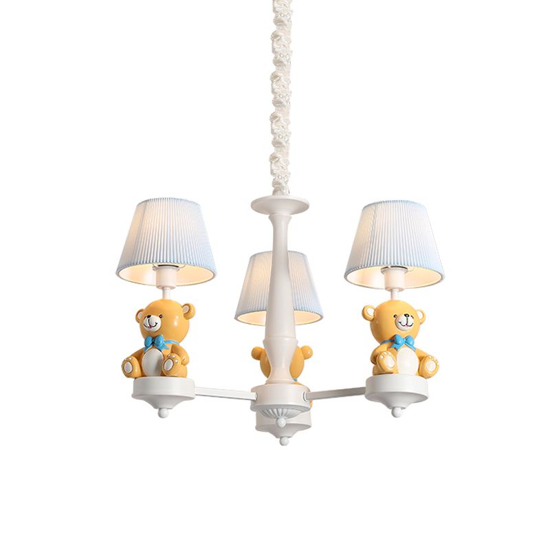 Pleated Fabric Tapered Chandelier Cartoon 3/5-Bulb White Hanging Lamp with Bear Decoration