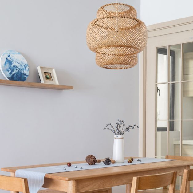 Natural Bamboo Weaving Lantern Hanging Light Asian Style Simplicity 1-Bulb Lighting Fixture in Beige