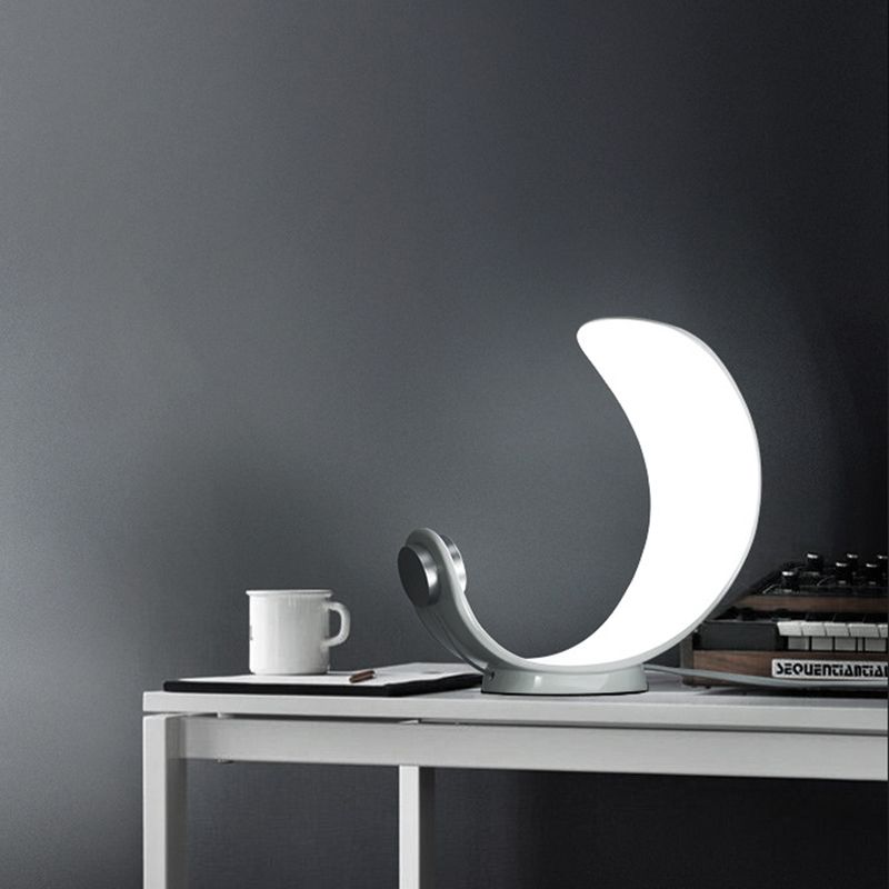 White Finish Bend Moon Shape Desk Light Simple LED Metallic Night Table Lamp for Bedside