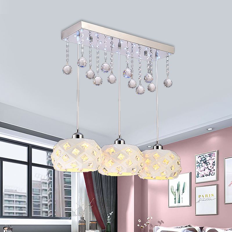 White Drum Shaped Multiple Hanging Lamp Simple 3-Bulb Metal Ceiling Pendant Light with Crystal Ball Accent