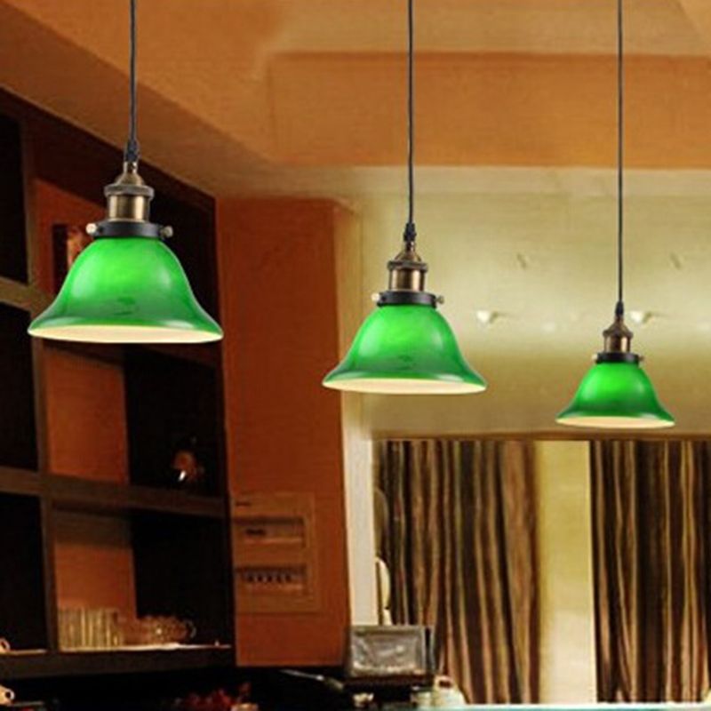 Green 1 Light Bell Pendant Lamp Vintage Industrial Glass Hanging Lamp for Living Room