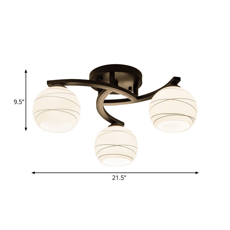 Luz semi empotrada esférica de vidrio blanco tradicional de montaje en techo de 3/5/8 luces negras para pasillo