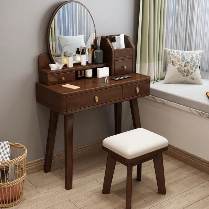 4 Drawer & Mirror Wood Vanity Desk Jewelry Makeup Dressing Table Set