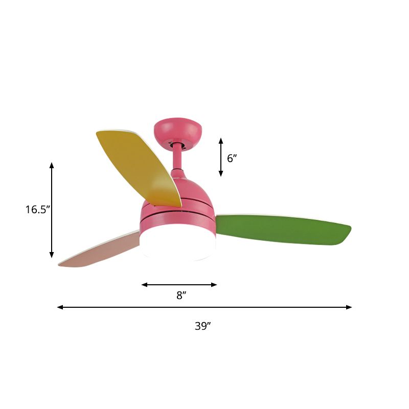 Dome Pendant Fan Lighting Kids Acrylic LED Pink/Blue Semi Flush Mount Light with 3 Colorful Blades for Bedroom, 39" Wide