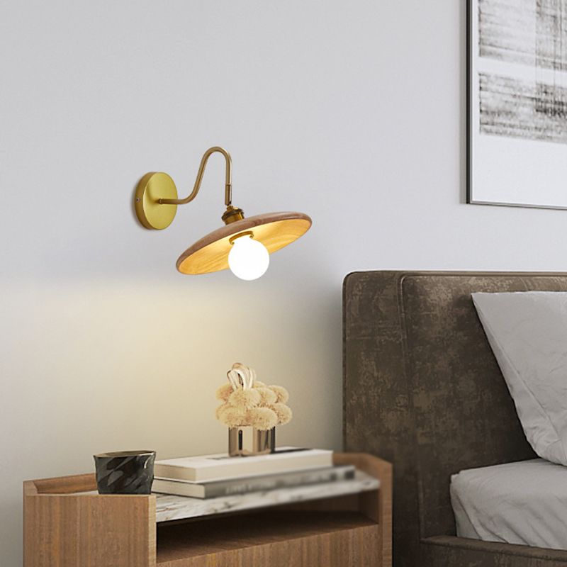 Single Modern Golden Wall Mounted Sconce Wooden Shaded Down Wall Light