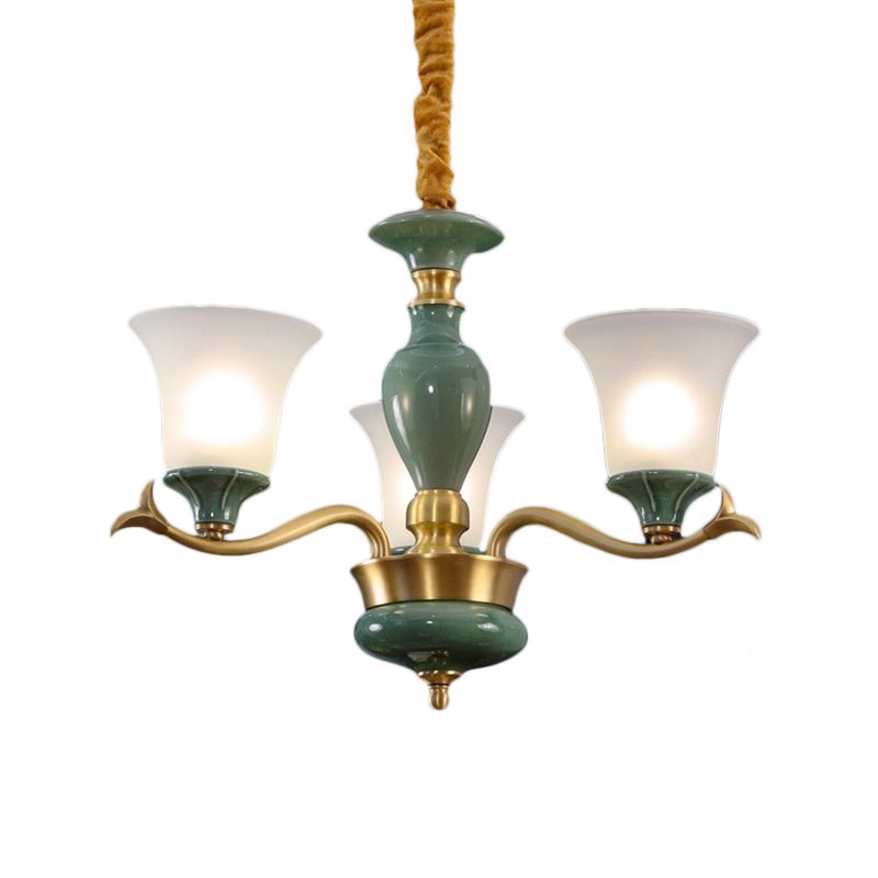 3/6 Bulbs Frosted Glass Suspension Lighting Countryside Green Bell Shaped Guest Room Chandelier