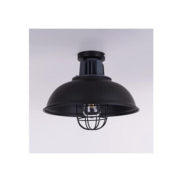 Plafonnier en métal à cage métallique, style vintage, élégant, 1 ampoule, semi-encastré, avec abat-jour en forme de bol, noir