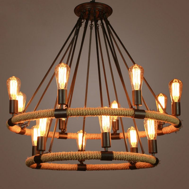 Multi Lights Circle Hemp Rope Chandelier Light Retro Industrial Style Hanging Lighting Fixture for Restaurant Bar