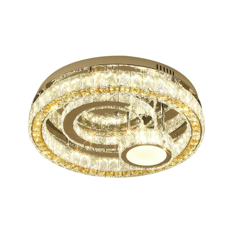 LED Circular Lighting Fixture Modern Stainless-Steel Finish Clear Beveled Crystal Blocks Semi-Flush Mount
