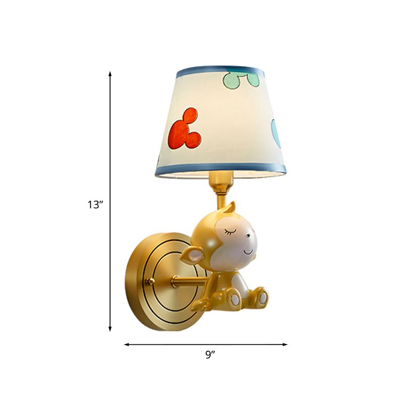 Cartoon Monkey Wall Mount Lamp Resin 1 Light Child Bedside Wall Light with Fabric Shade in Brass