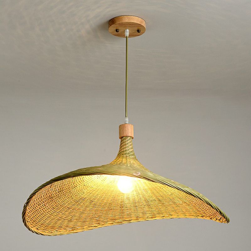 Green-Yellow Straw Hat Shaped Pendant South-East Asia Single Natural Bamboo Fiber Suspension Light