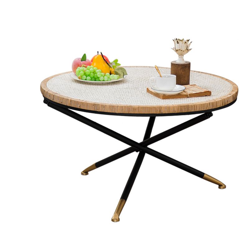 Cross Legs Round Glass Coffee Cocktail Table with Rattan Accent