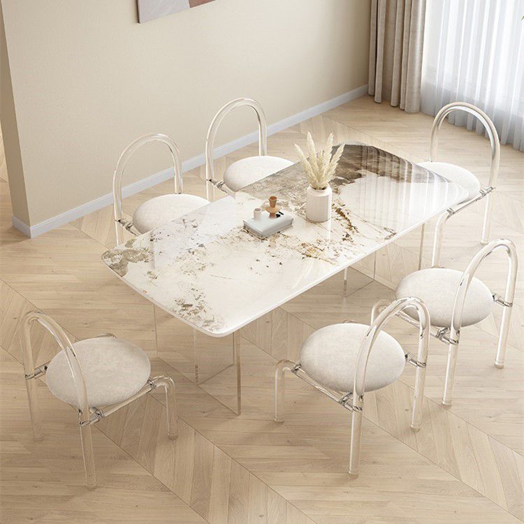 Glam Dining Table Set with Acrylic Base 1/5/7 Pcs Dinette Set with White Chairs