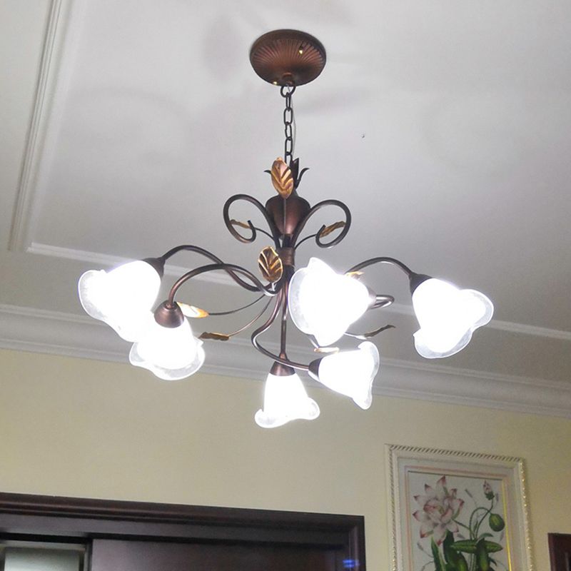 6 Lights Bedroom Hanging Chandelier Rustic Brown Pendant Lighting with Bell Opal Glass Shade