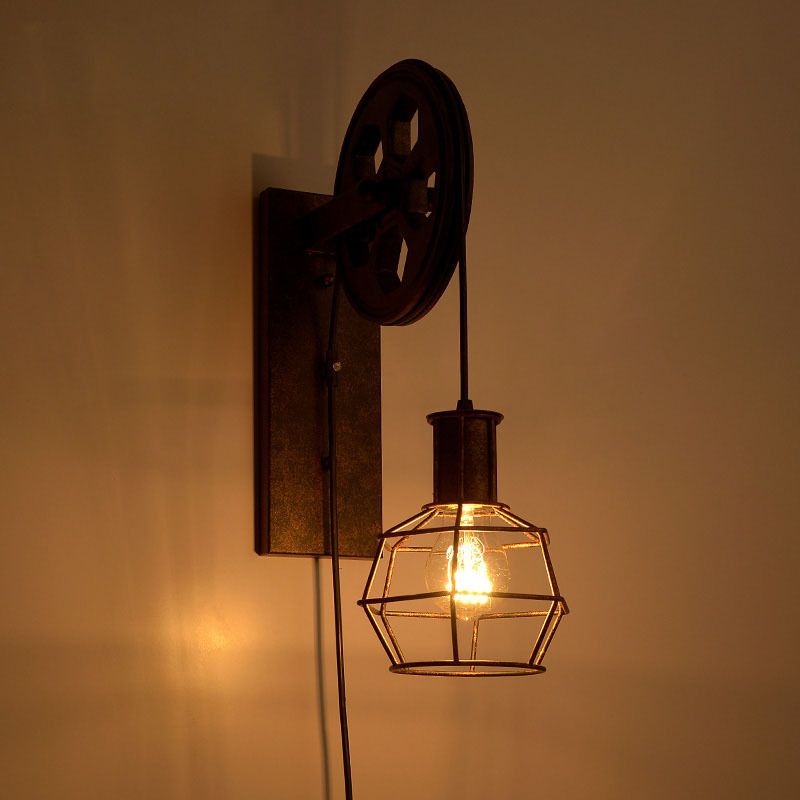 Spherical Wire Cage Foyer Wall Light Rustic Iron 1-Light Bedroom Wall Mount Lamp with Pulley