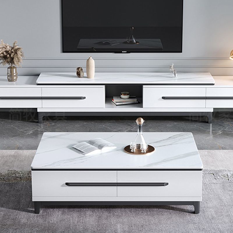 Stone Top Coffee Table with 4 Wooden Legs and 2 Drawers Cocktail Table