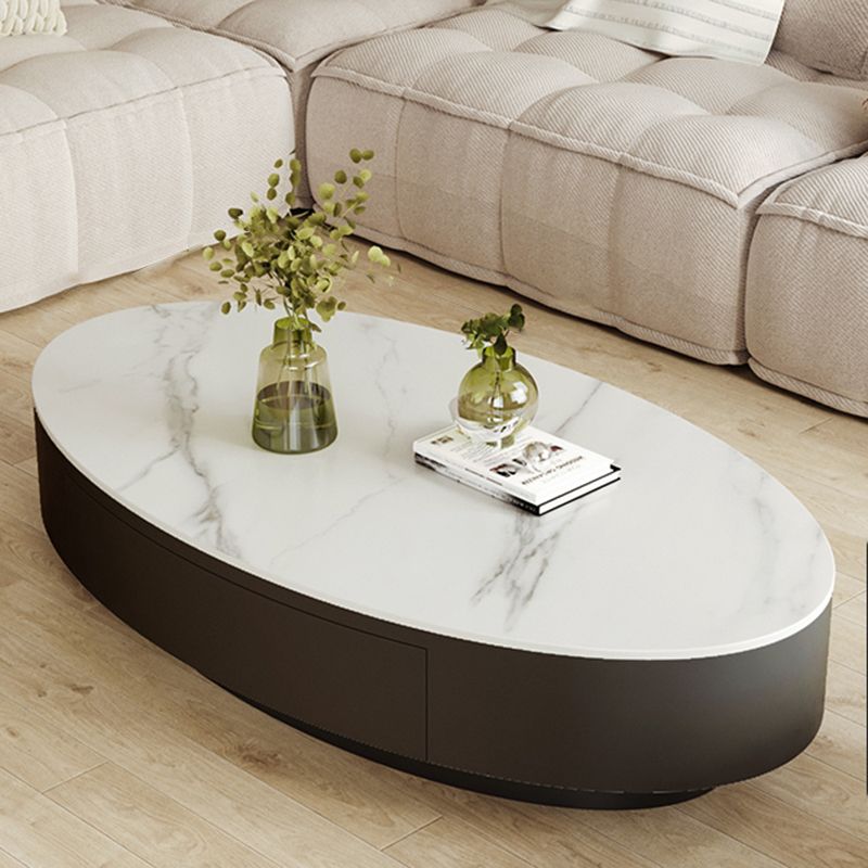 13.7"Tall Drum Oval Slate Top Coffee Table with Drawer for Living Room