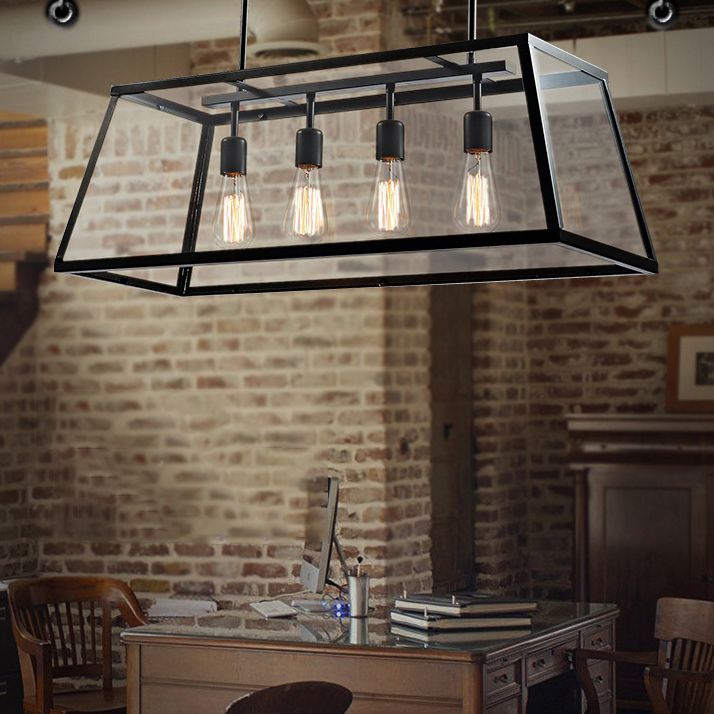 Rectangular Shape Pendant Lighting Modern Style Metal 4 Lights Hanging Lamp in Black