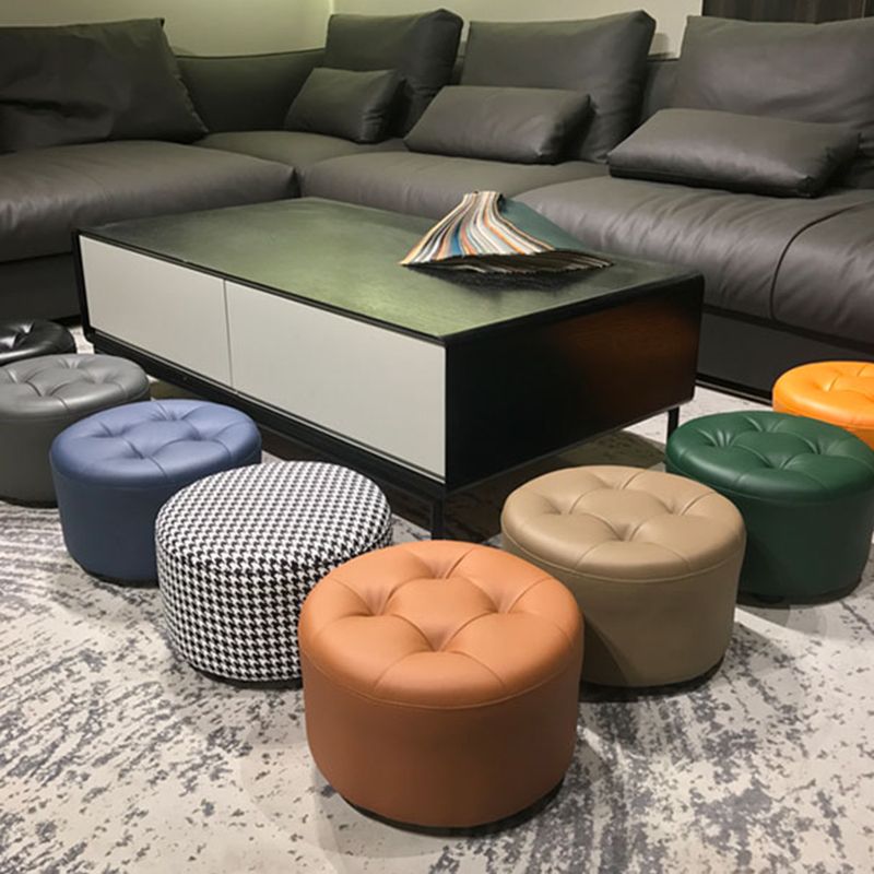 Contemporary Pouf Ottoman Faux Leather Upholstered Tufted Cylinder Shape Ottoman