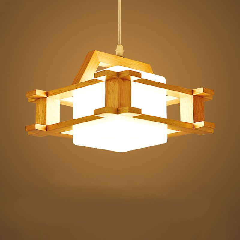 1-Licht-Esszimmer-Anhänger moderne Holzhängungschoner mit quadratischer weißer Glasschatten